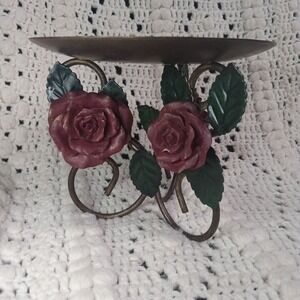 Metal Victorian Roses Pillar Candle Holder Trinket Jewelry Stand Home Decor Vtg